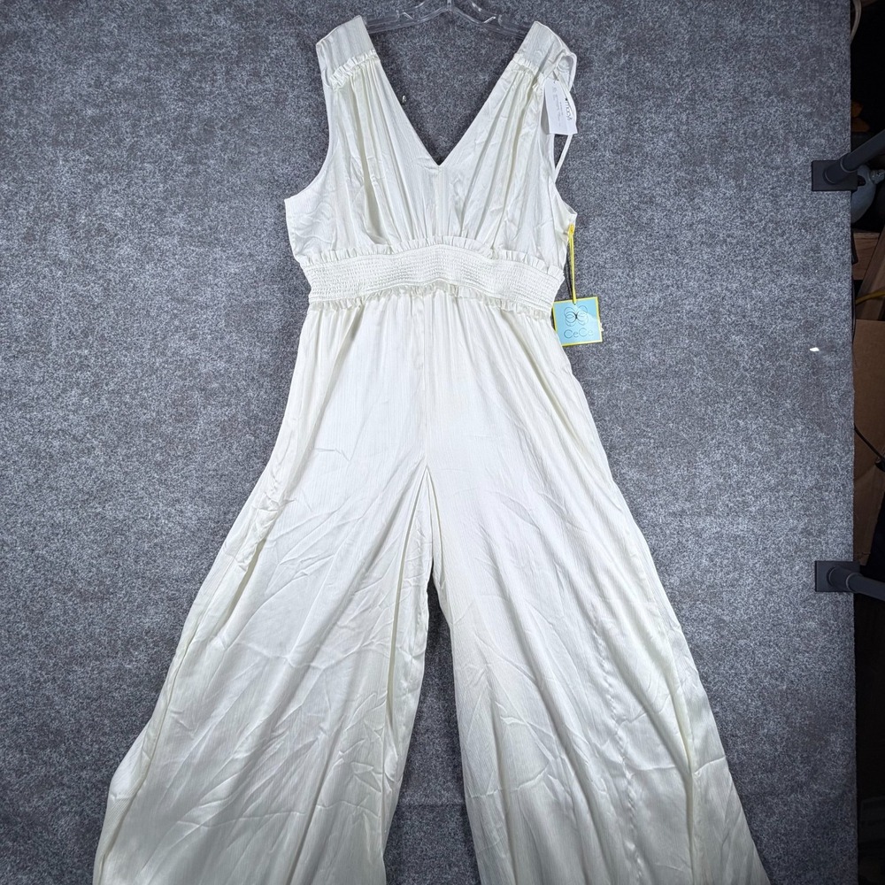 NWT CeCe Plisse Jumpsuit Womens XL White V-Neck Comfort Smocked-Waist Sleeveless